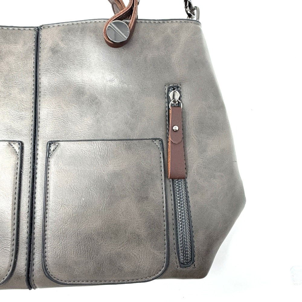 Gray Leather Tote Bag Brown Strap Large Zip Pocket Shoulder Bag - Picture 3 of 15